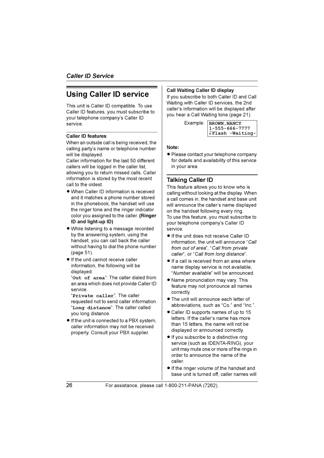 Panasonic KX-TG5453 operating instructions Using Caller ID service, Talking Caller ID, KFlash -Waiting 