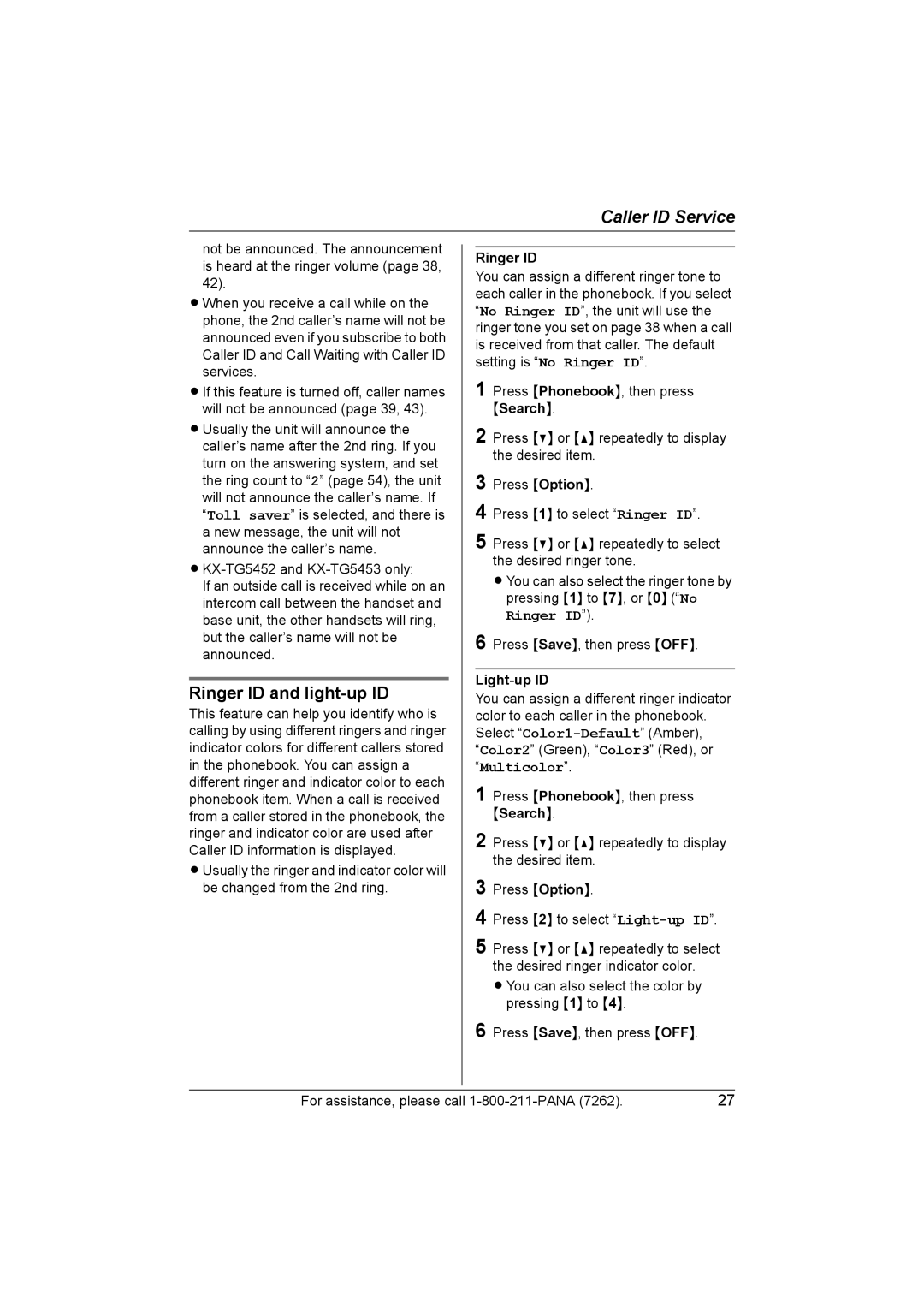 Panasonic KX-TG5453 operating instructions Ringer ID and light-up ID, Light-up ID 