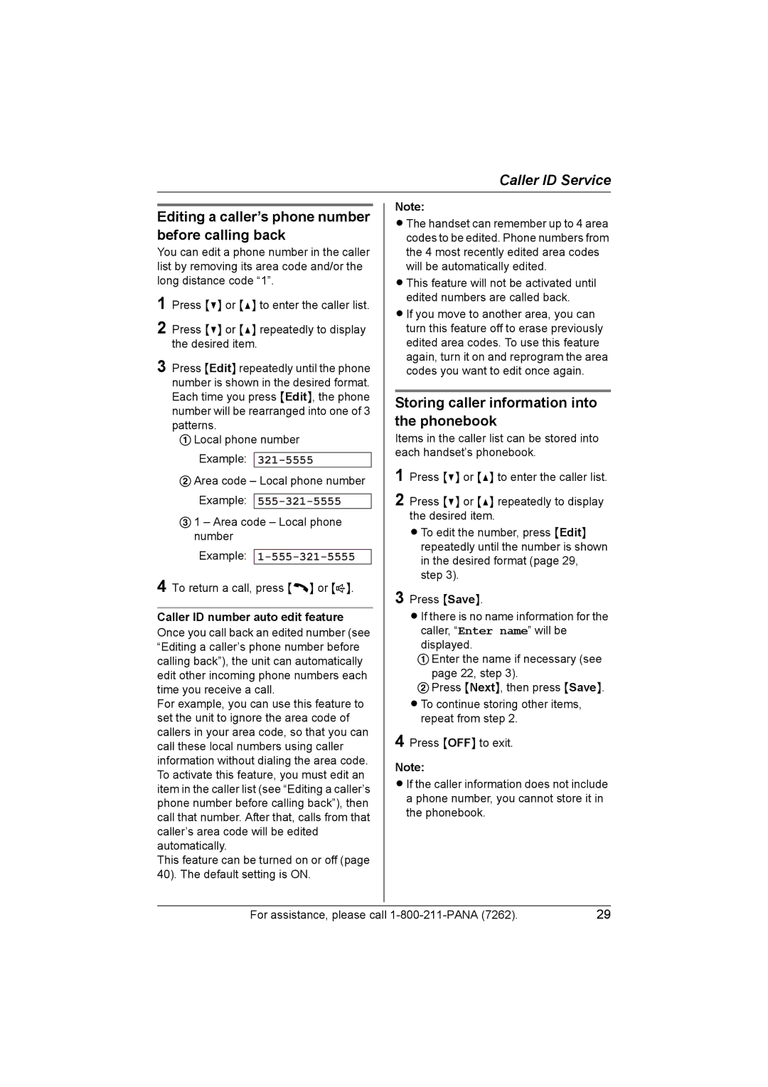 Panasonic KX-TG5453 Editing a caller’s phone number before calling back, Storing caller information into the phonebook 