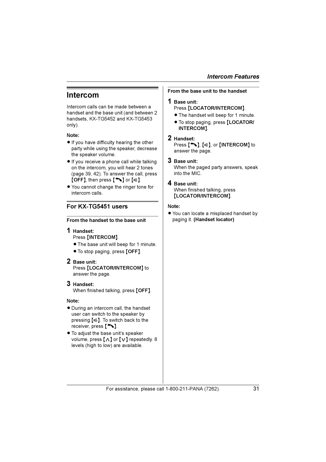 Panasonic KX-TG5453 operating instructions Intercom, For KX-TG5451 users, From the handset to the base unit Handset 