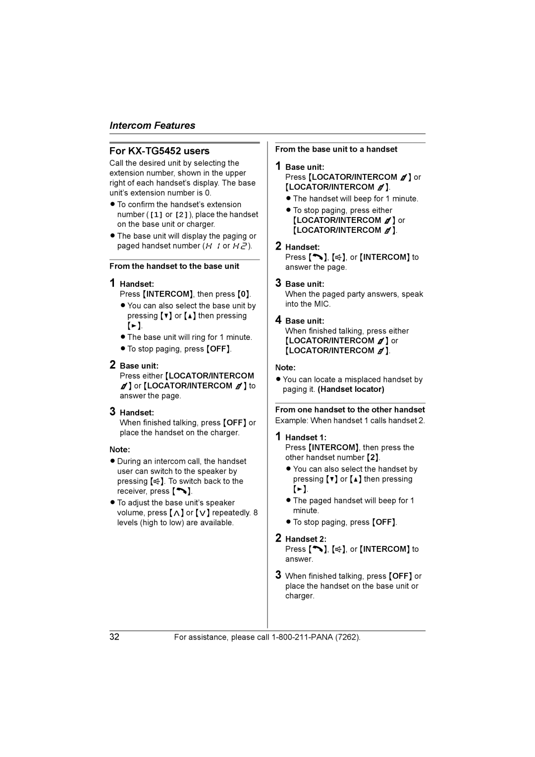 Panasonic KX-TG5453 operating instructions For KX-TG5452 users, From one handset to the other handset 