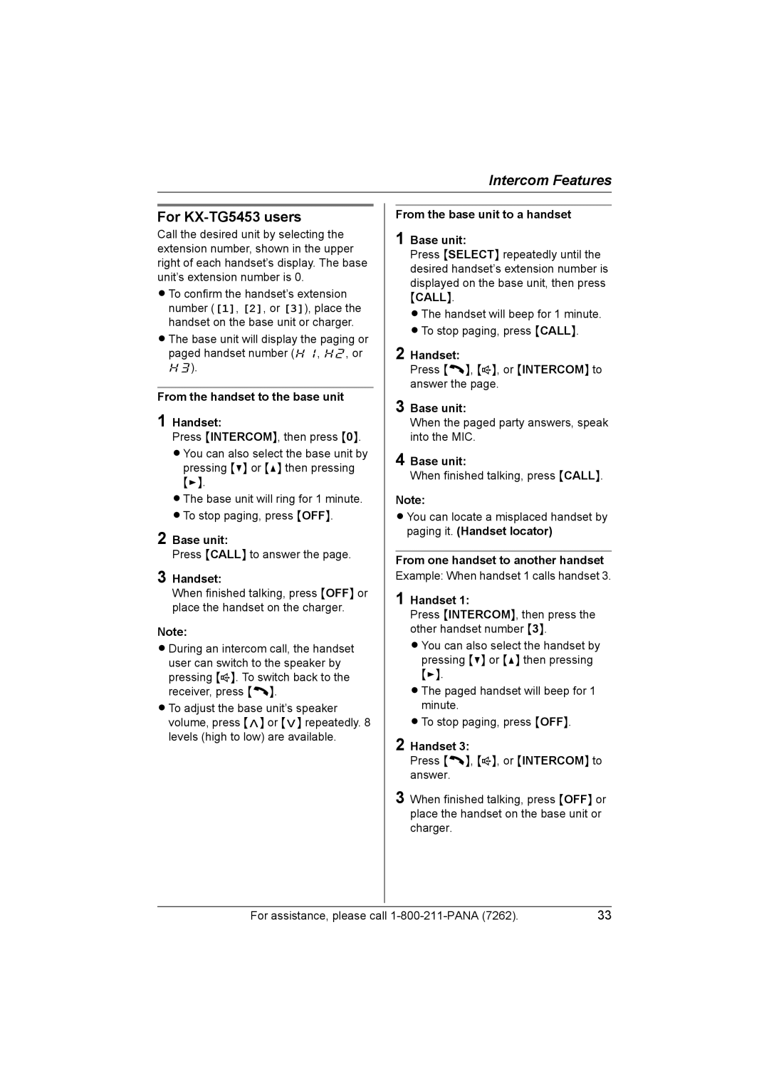 Panasonic KX-TG5453 operating instructions From the base unit to a handset Base unit, From one handset to another handset 