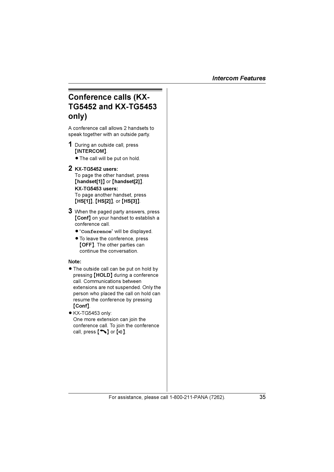 Panasonic operating instructions Conference calls KX- TG5452 and KX-TG5453 only 