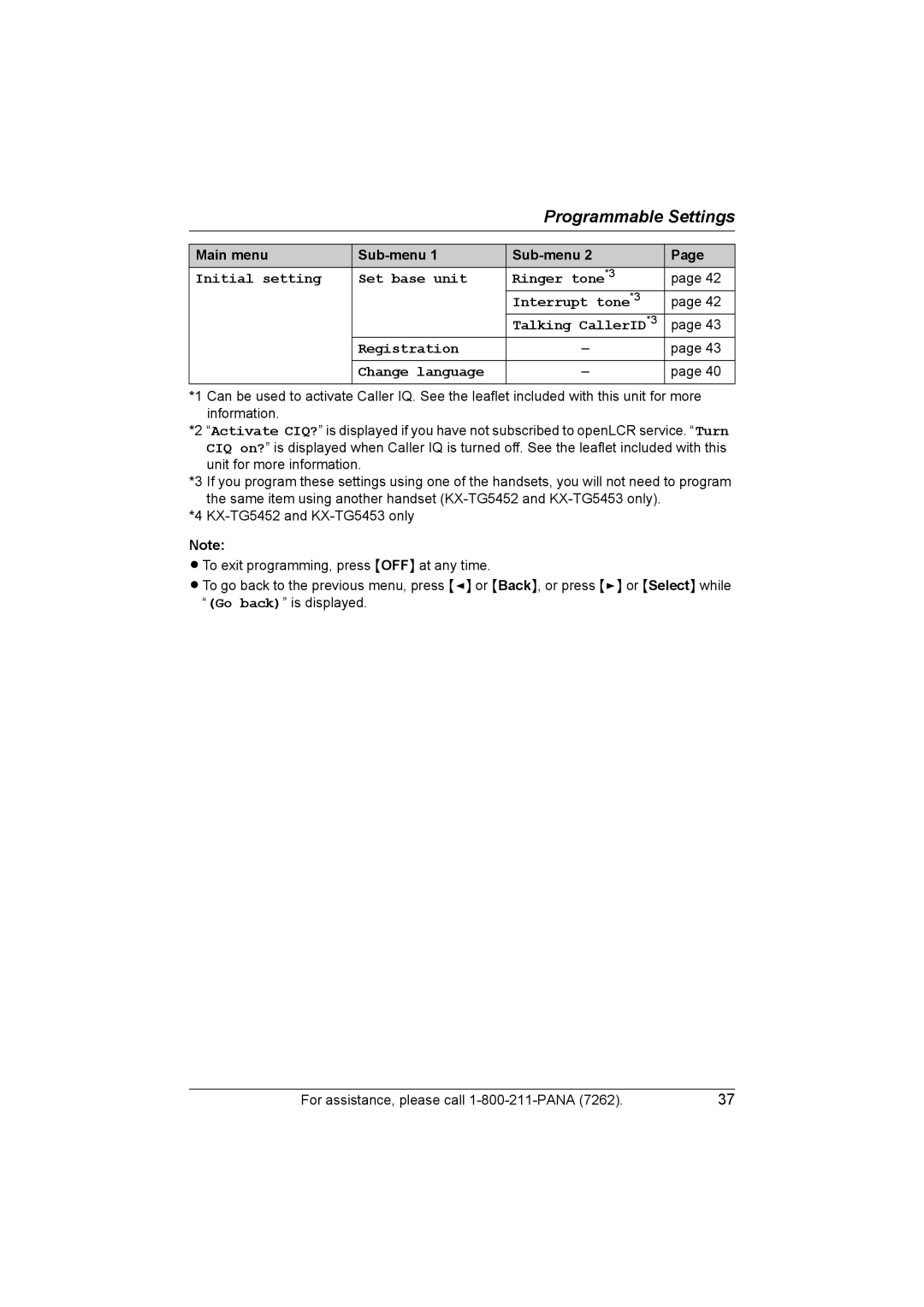 Panasonic KX-TG5453 operating instructions Programmable Settings 