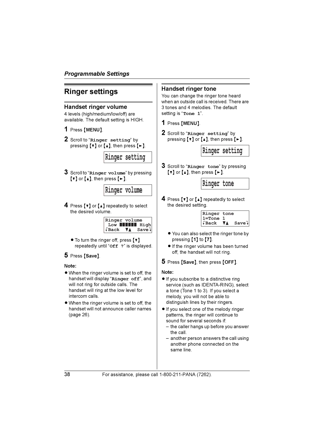 Panasonic KX-TG5453 Ringer settings, Handset ringer volume, Handset ringer tone, Ringer volume Low High KBack dB SaveL 