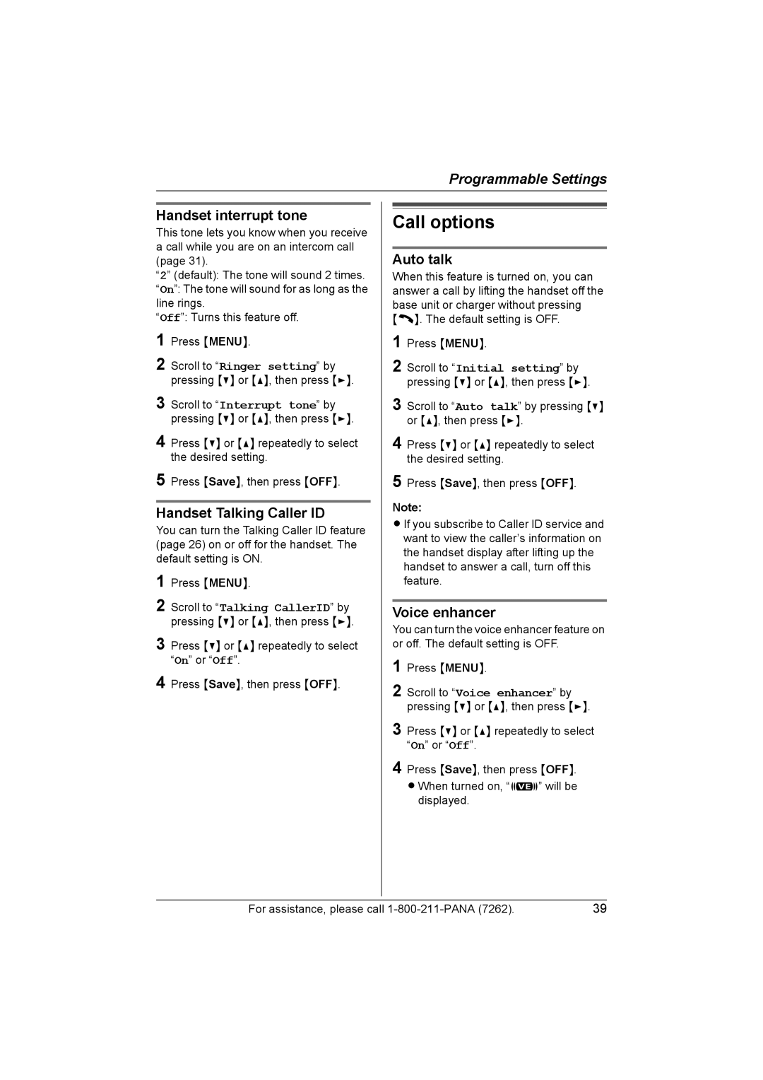 Panasonic KX-TG5453 operating instructions Call options, Handset interrupt tone, Handset Talking Caller ID, Auto talk 