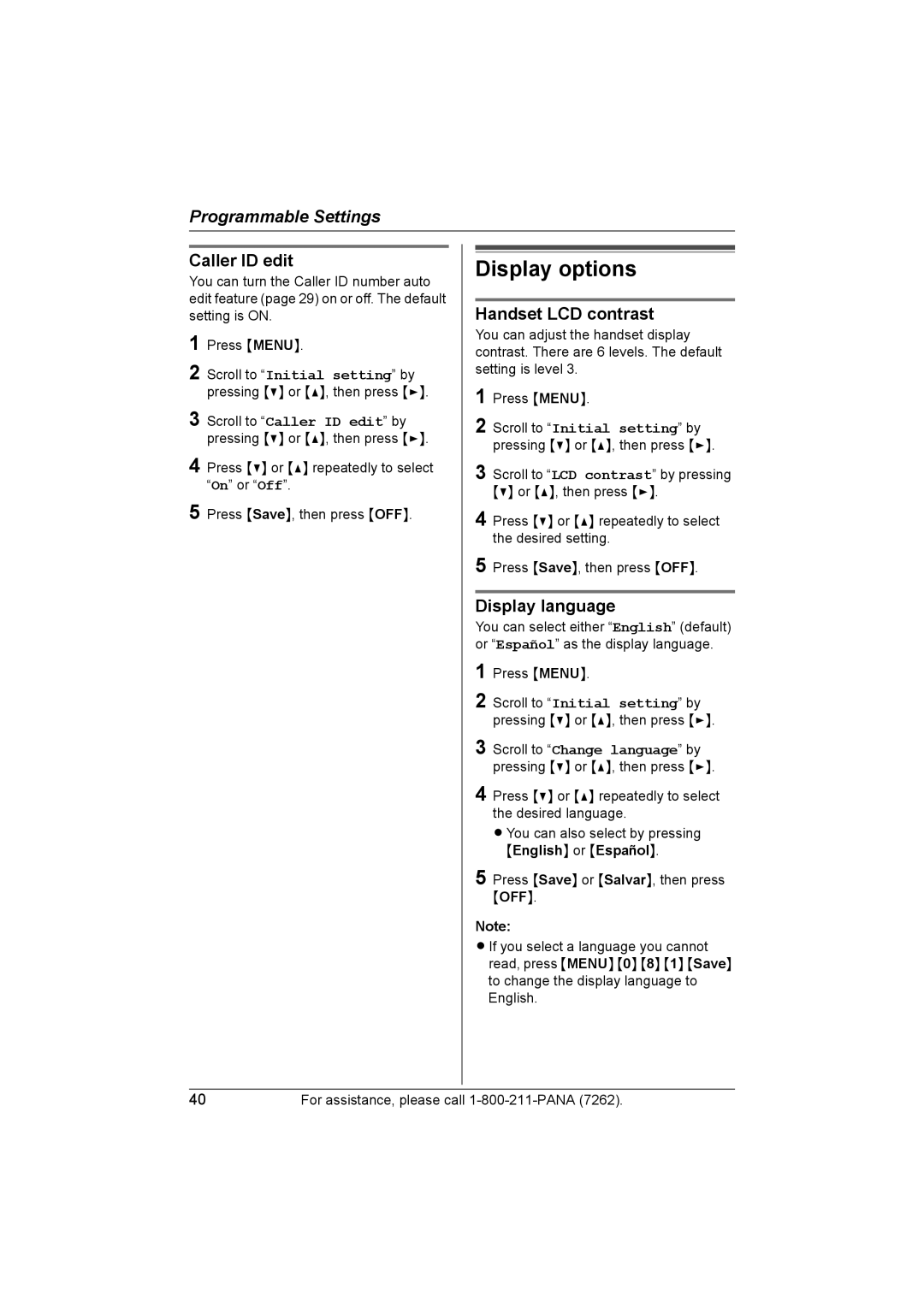 Panasonic KX-TG5453 operating instructions Display options, Caller ID edit, Handset LCD contrast, Display language 