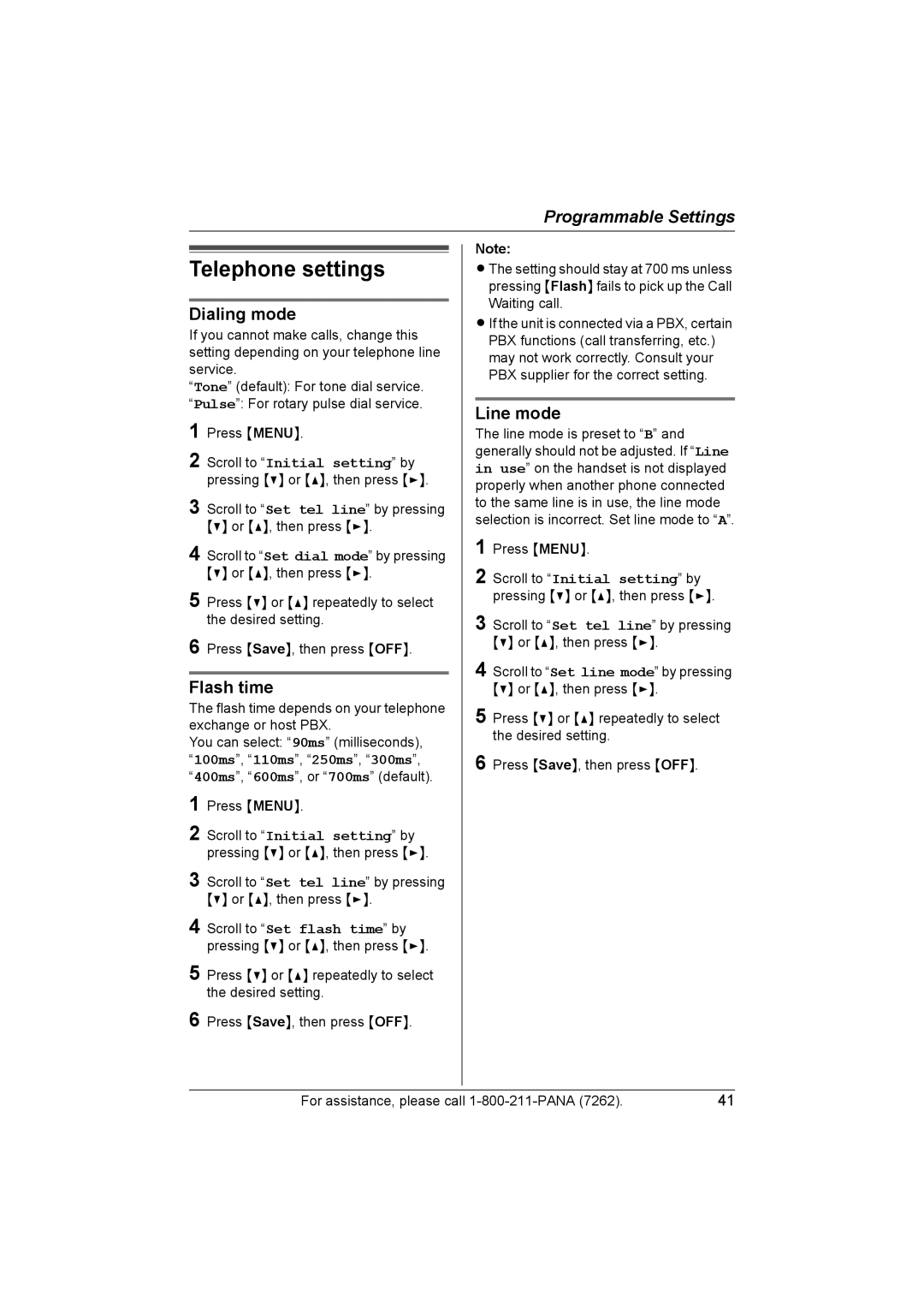 Panasonic KX-TG5453 operating instructions Telephone settings, Dialing mode, Flash time, Line mode 