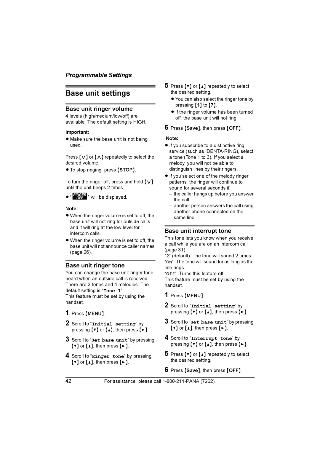 Panasonic KX-TG5453 Base unit settings, Base unit ringer volume, Base unit ringer tone, Base unit interrupt tone 