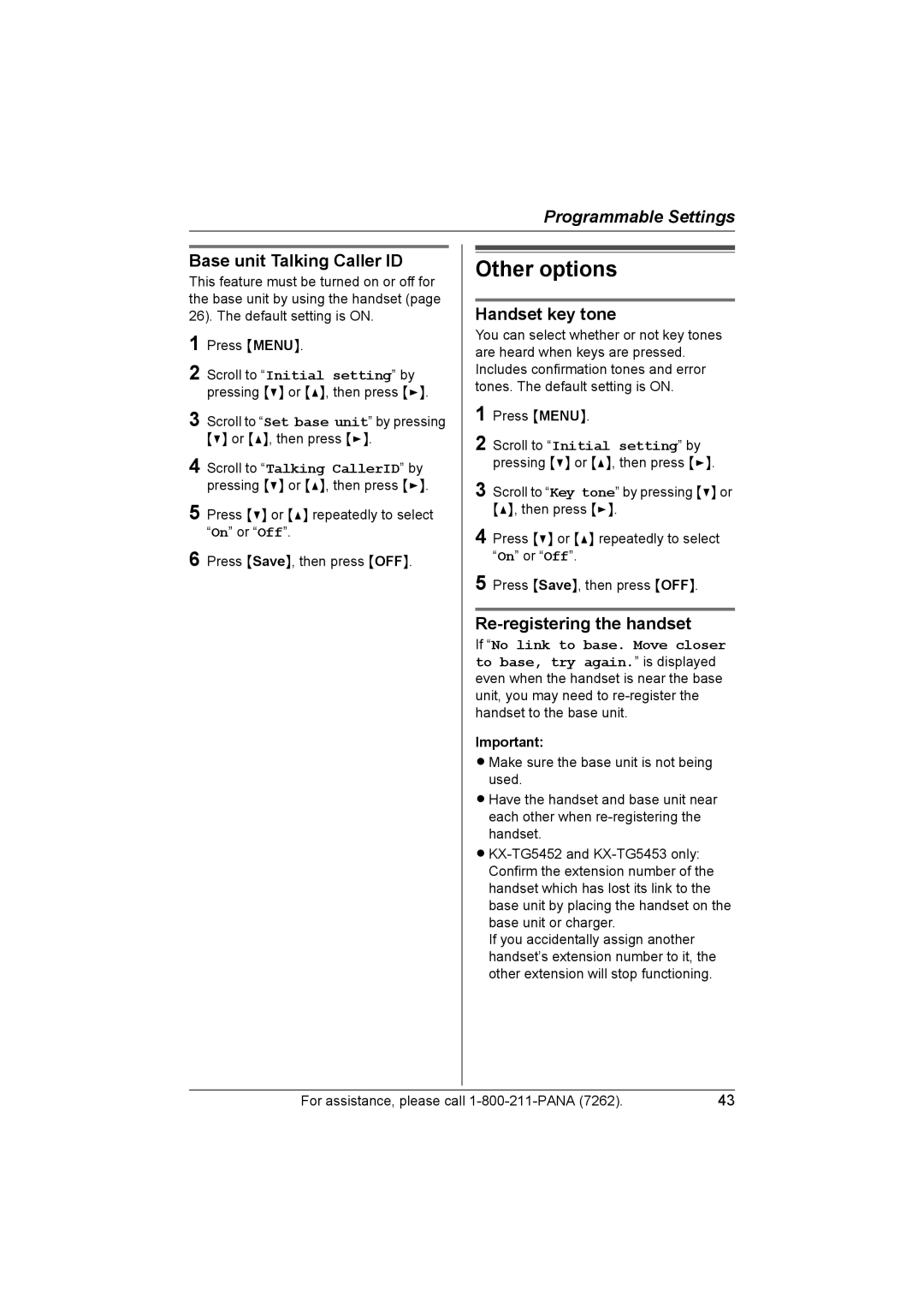 Panasonic KX-TG5453 Other options, Base unit Talking Caller ID, Handset key tone, Re-registering the handset 