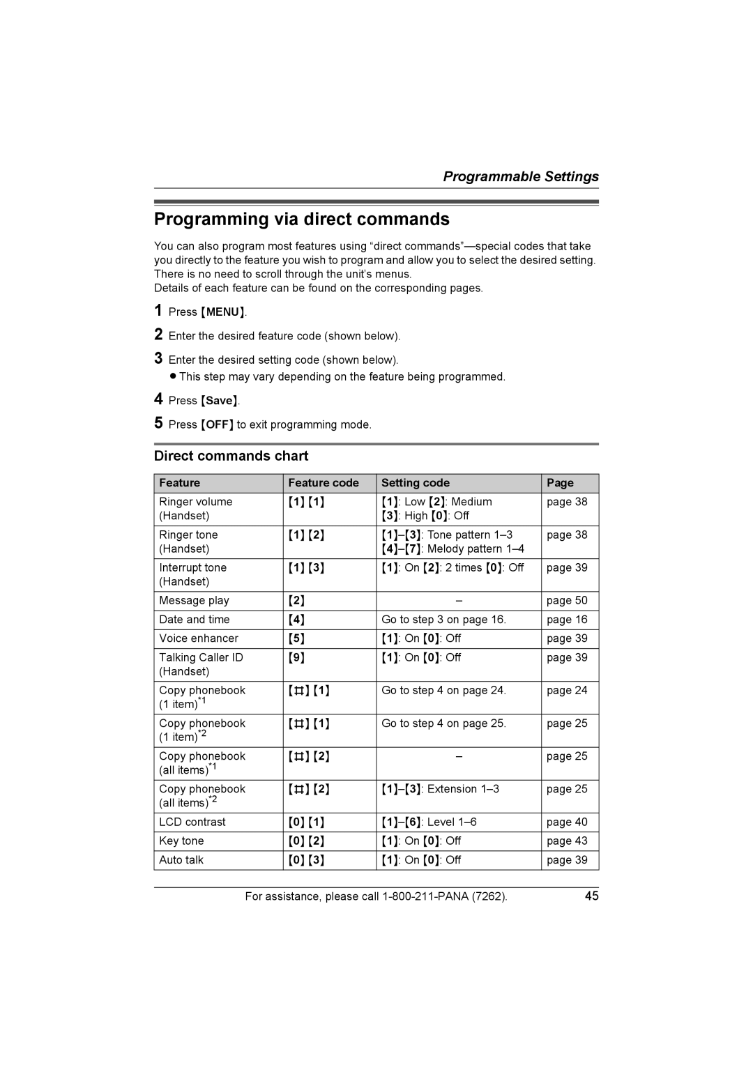 Panasonic KX-TG5453 Programming via direct commands, Direct commands chart, Feature Feature code Setting code 