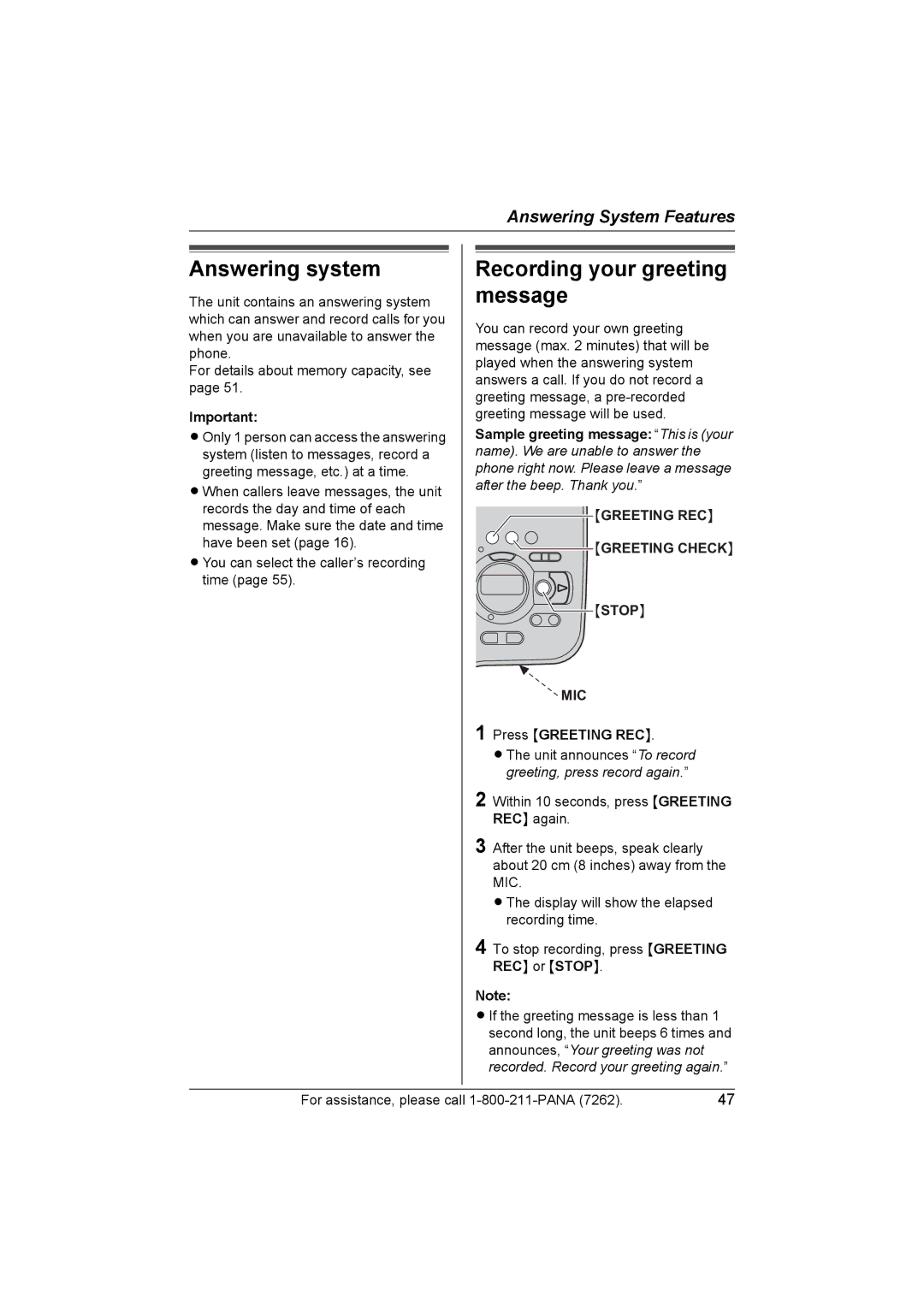 Panasonic KX-TG5453 operating instructions Answering system 