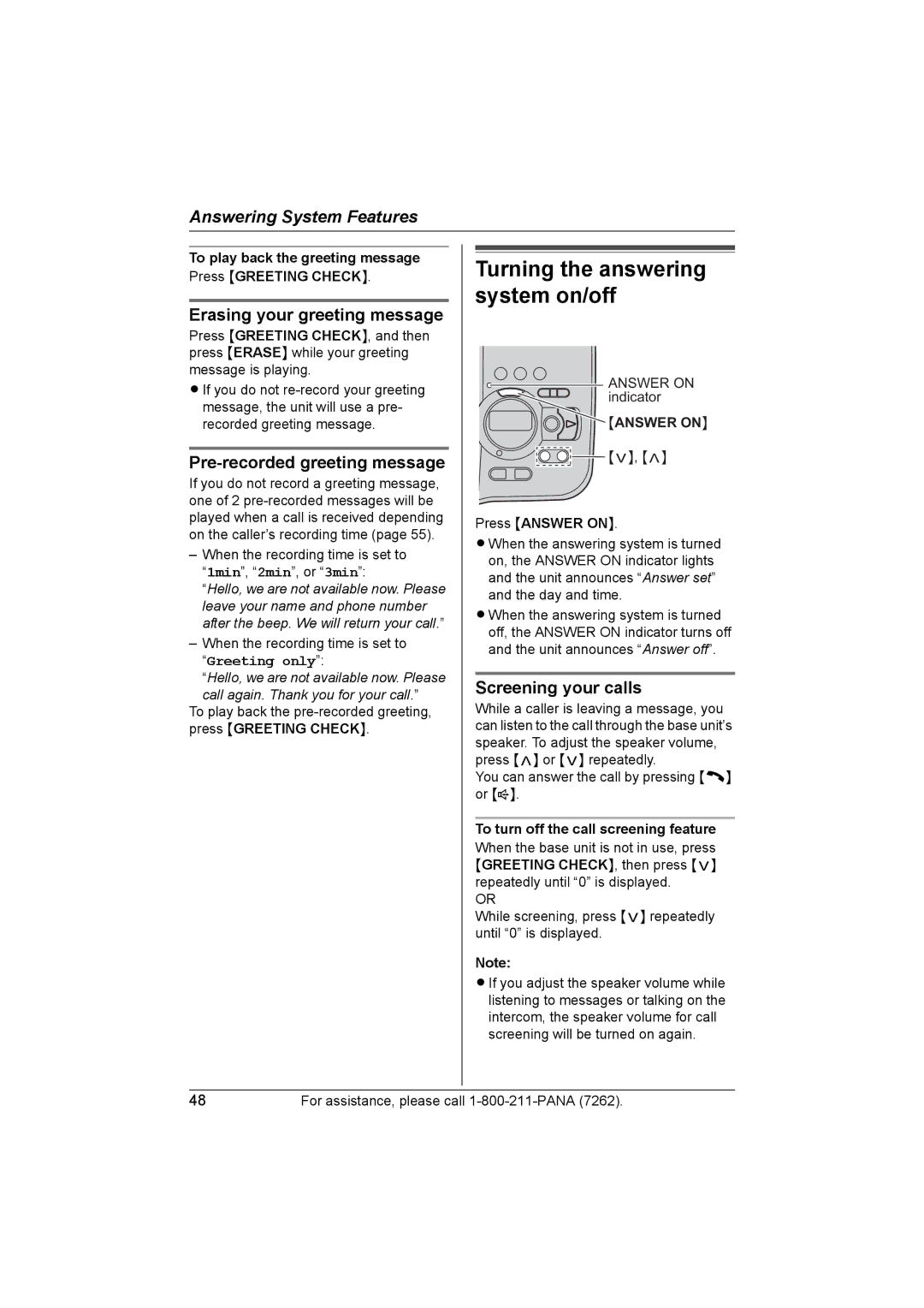 Panasonic KX-TG5453 Erasing your greeting message, Pre-recorded greeting message, Screening your calls 