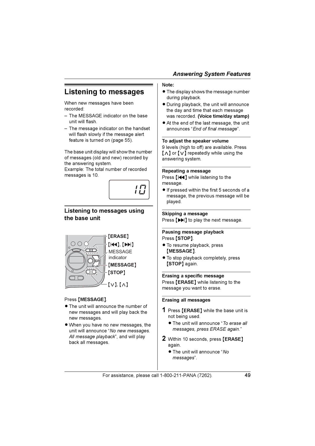 Panasonic KX-TG5453 operating instructions Listening to messages using the base unit 