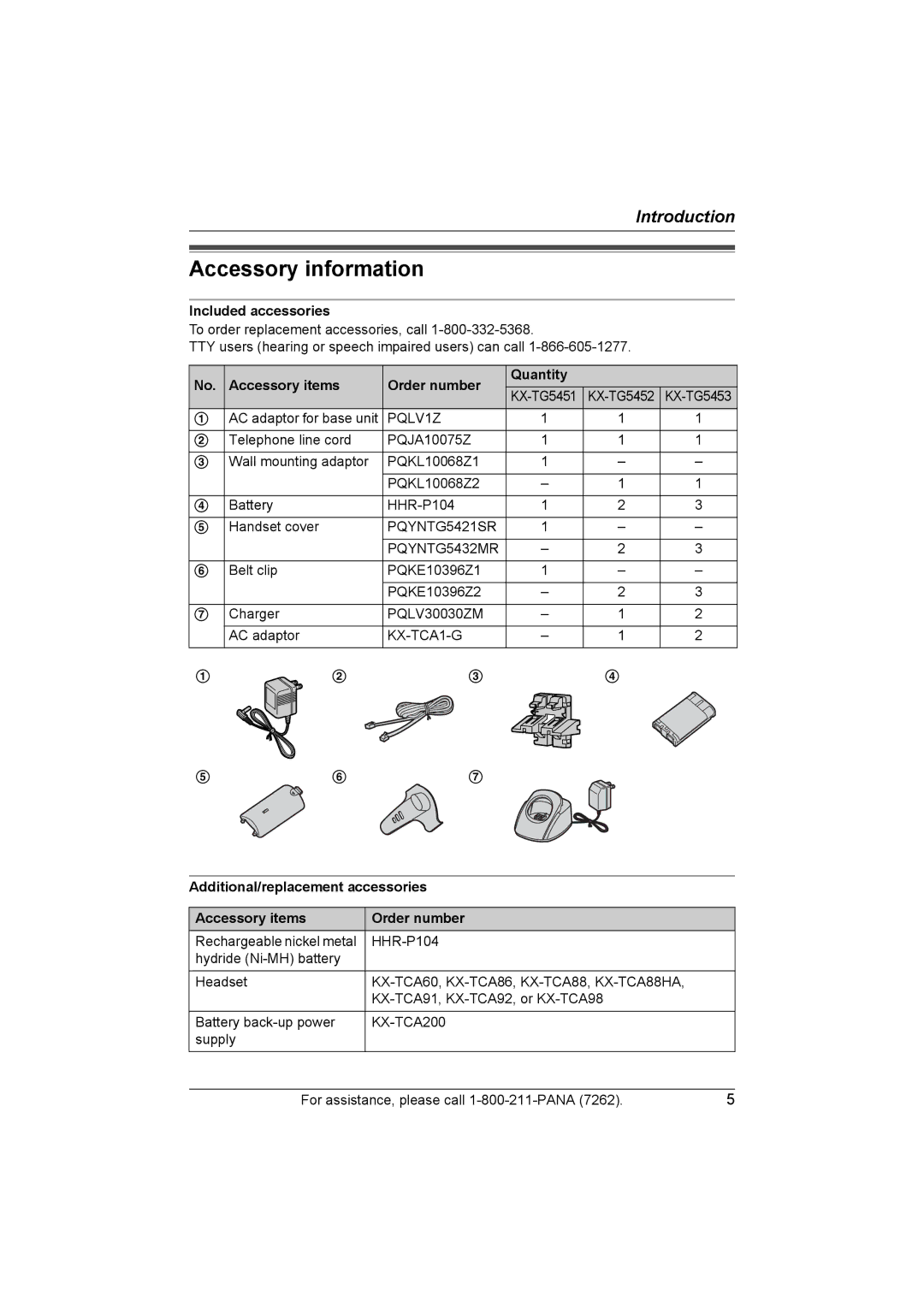 Panasonic KX-TG5453 Accessory information, Included accessories, Accessory items Order number Quantity 