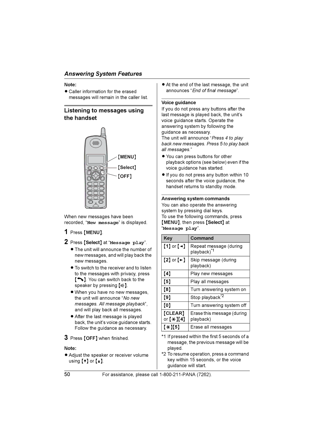 Panasonic KX-TG5453 Listening to messages using the handset, Select OFF, Voice guidance, Answering system commands 