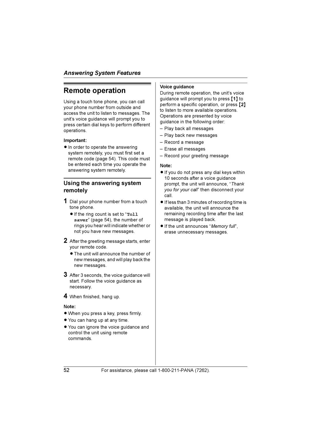 Panasonic KX-TG5453 operating instructions Remote operation, Using the answering system remotely 