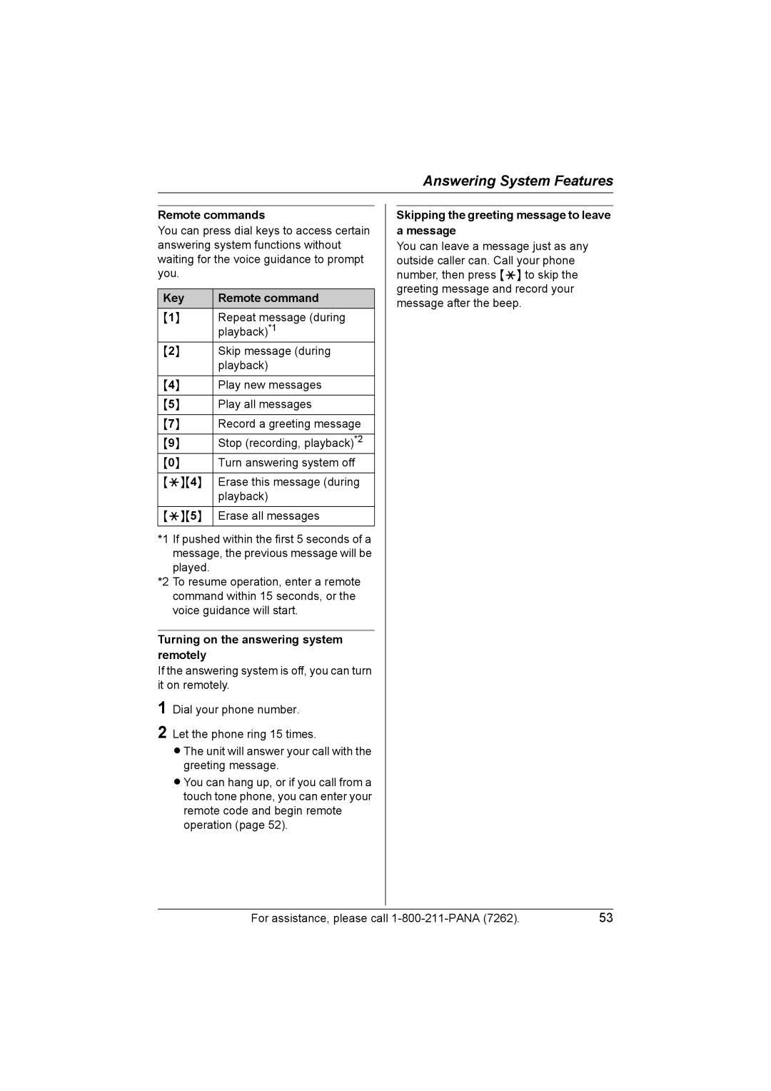 Panasonic KX-TG5453 operating instructions Remote commands, Key Remote command, Turning on the answering system remotely 