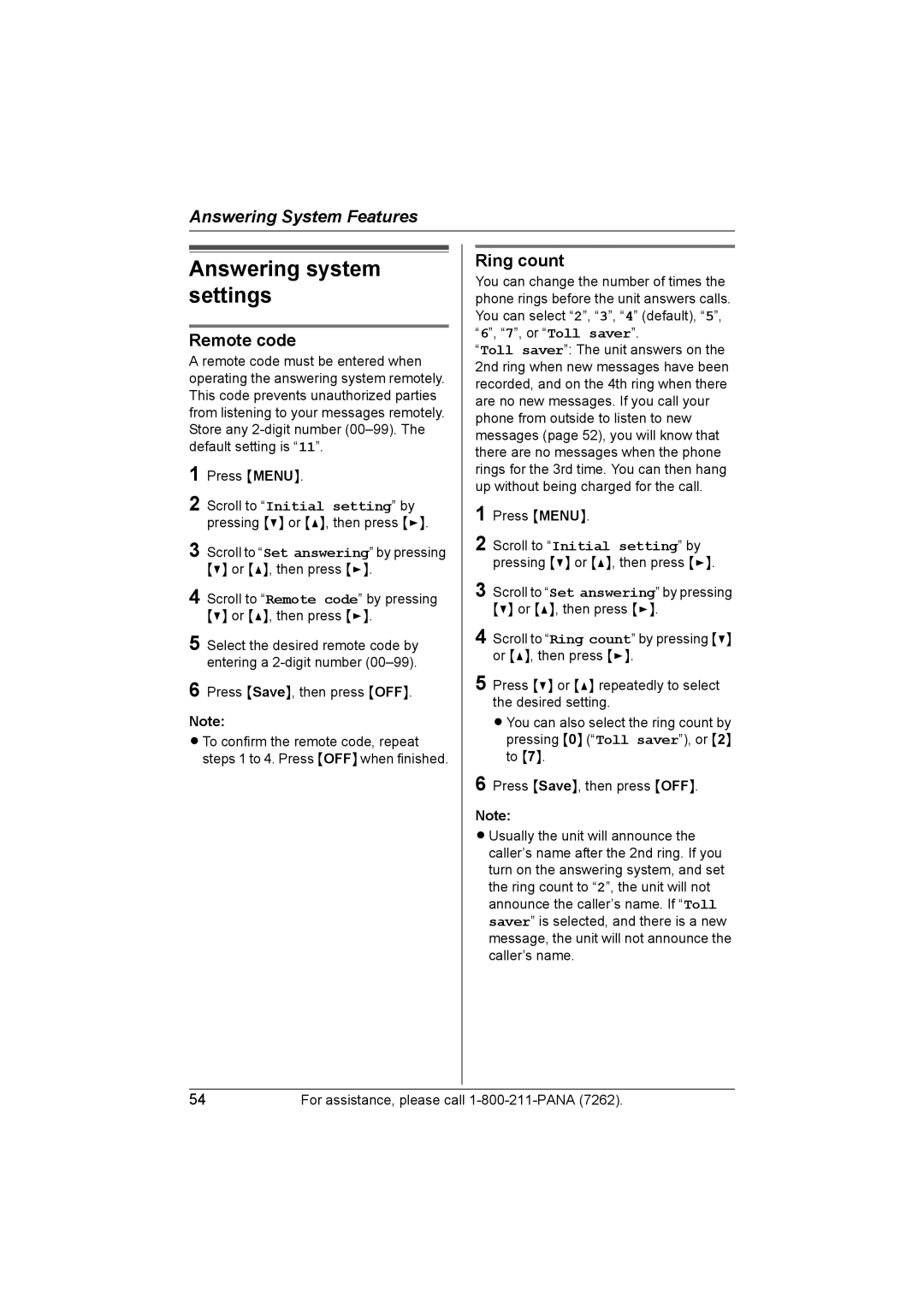 Panasonic KX-TG5453 operating instructions Answering system settings, Remote code, Ring count 