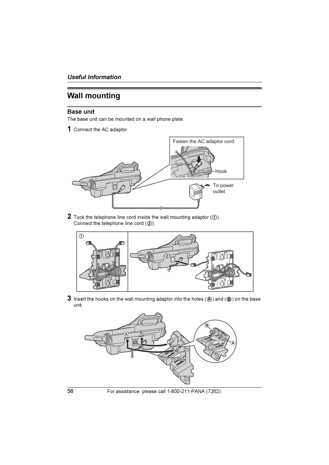 Panasonic KX-TG5453 operating instructions Wall mounting, Base unit 