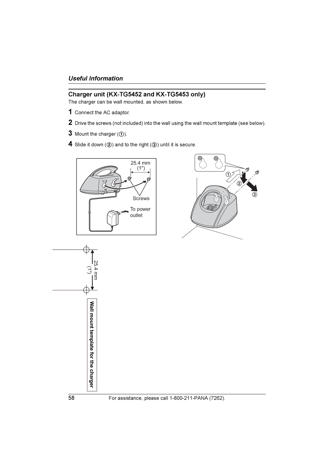 Panasonic KX-TG5453 operating instructions 25.4 mm 1Wall mount template for the charger 