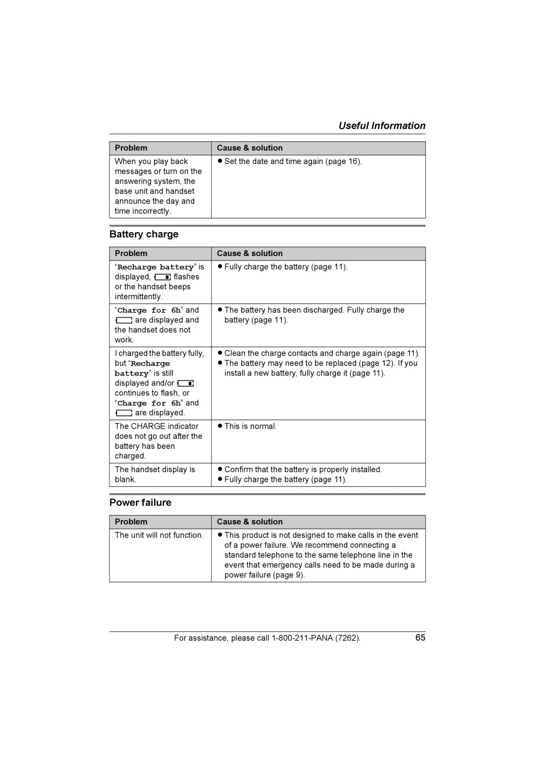 Panasonic KX-TG5453 operating instructions Battery charge, Power failure, Recharge battery is, But Recharge 