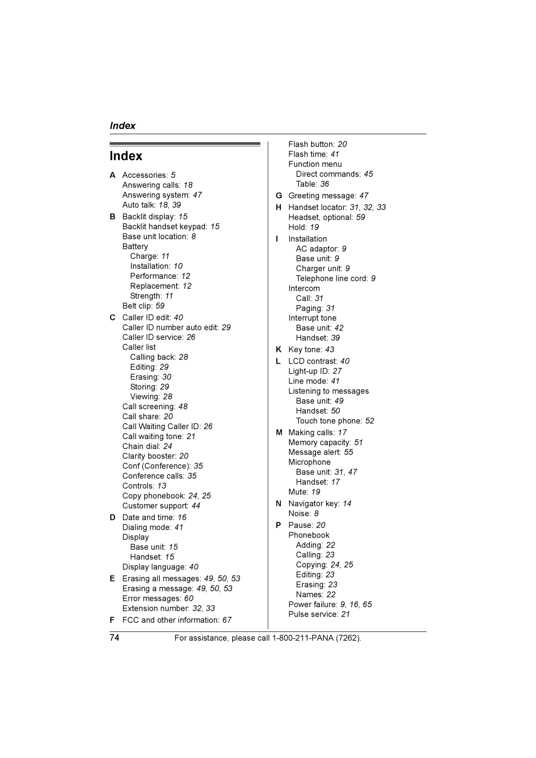 Panasonic KX-TG5453 operating instructions Index 