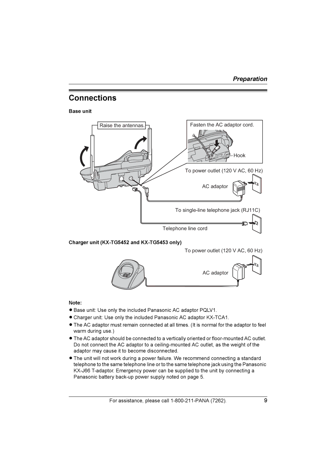 Panasonic operating instructions Connections, Base unit, Charger unit KX-TG5452 and KX-TG5453 only 