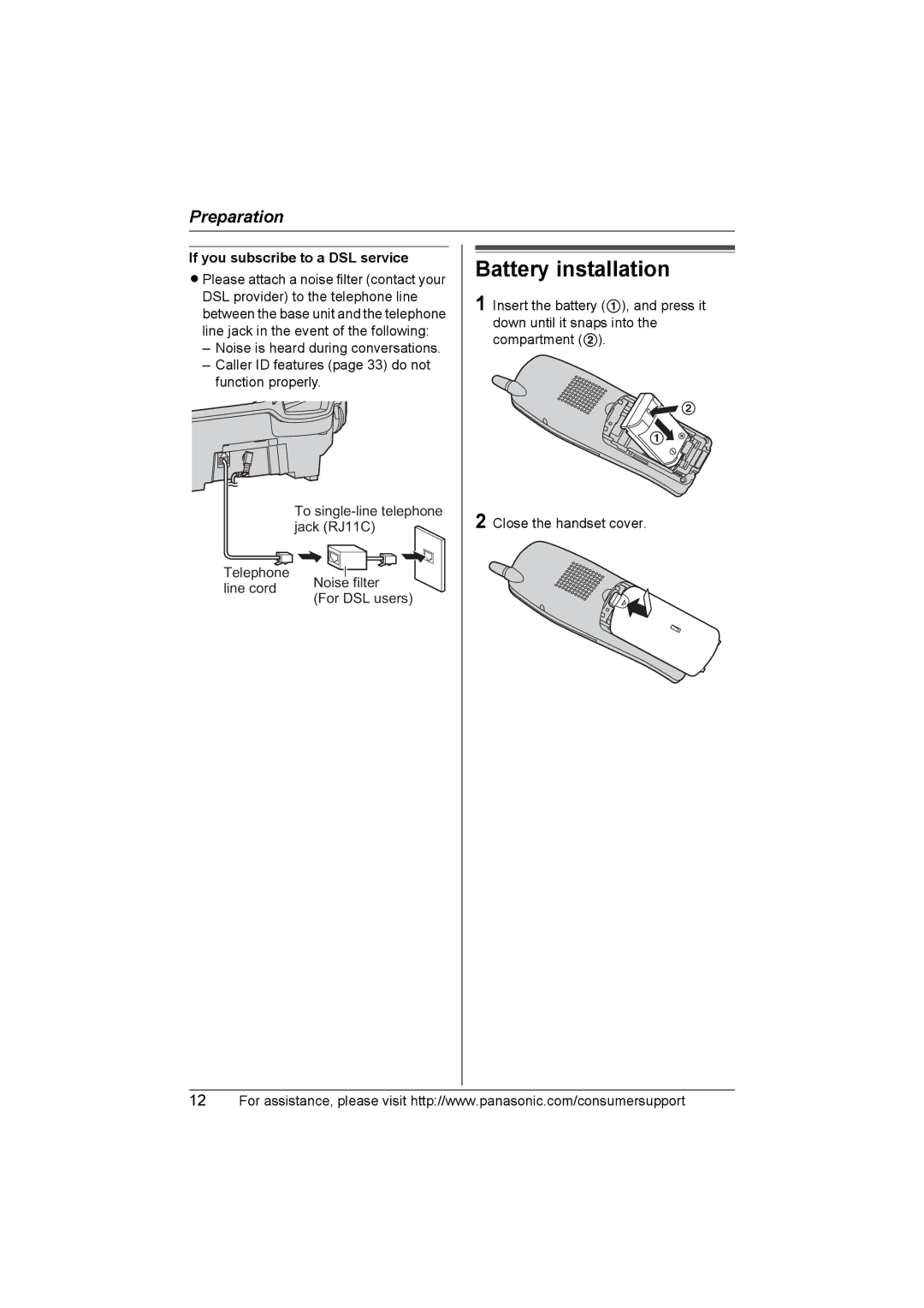 Panasonic KX-TG5583 operating instructions Battery installation, If you subscribe to a DSL service 