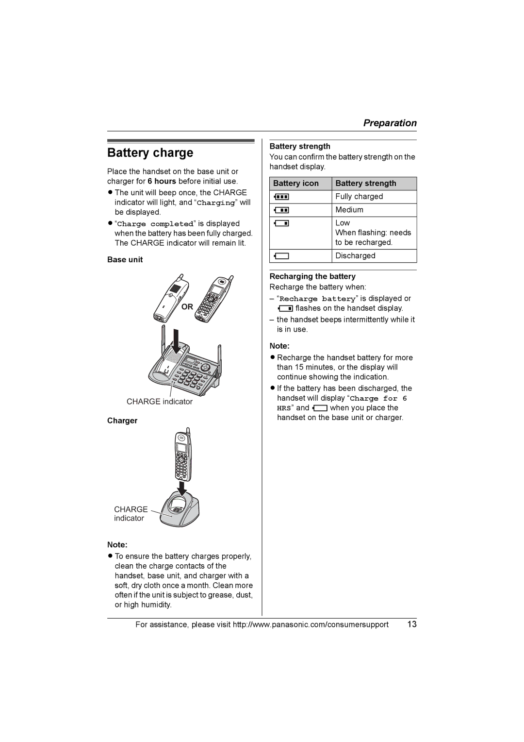 Panasonic KX-TG5583 operating instructions Battery charge, Battery icon Battery strength, Recharging the battery 