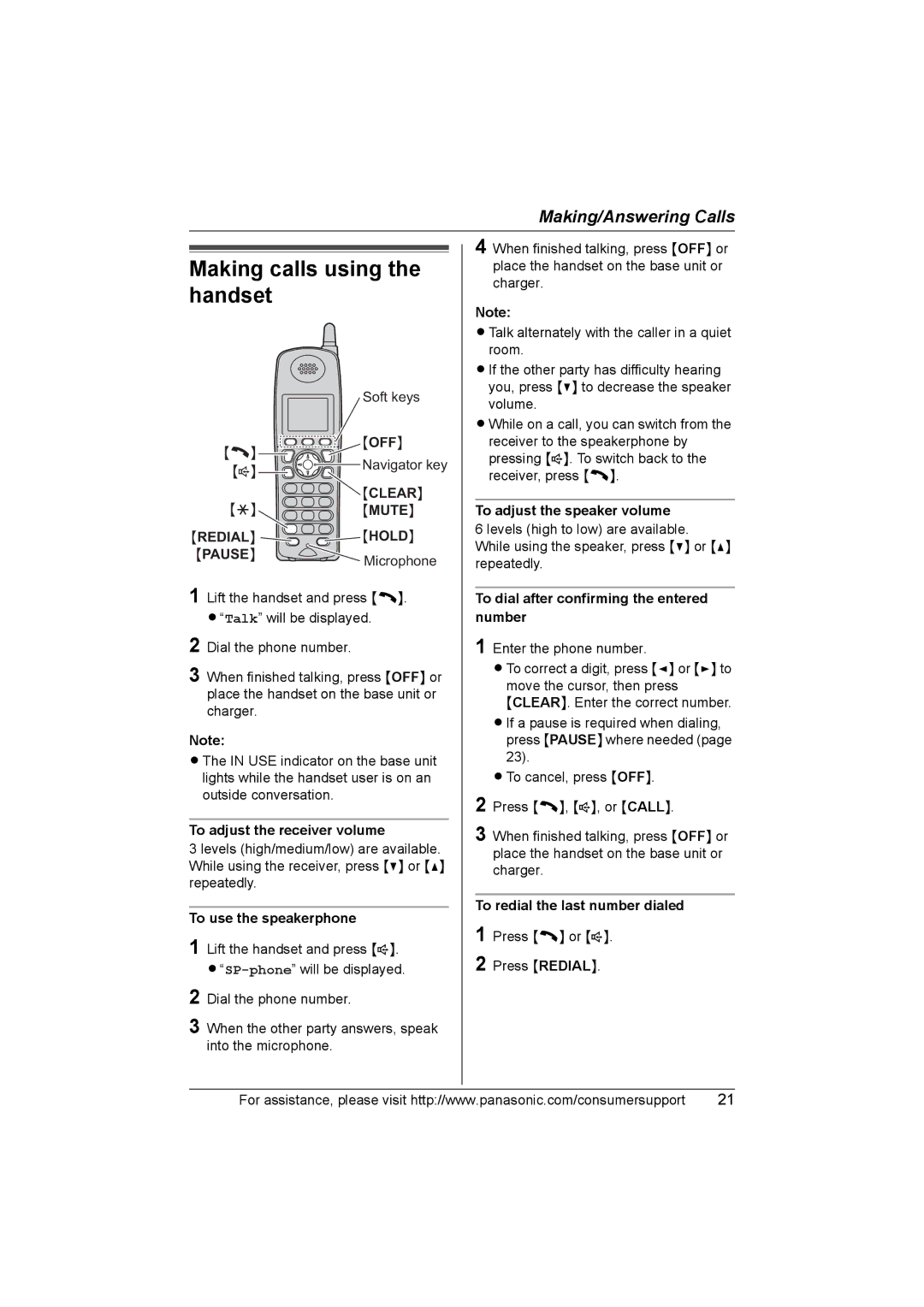 Panasonic KX-TG5583 operating instructions Making calls using the handset 