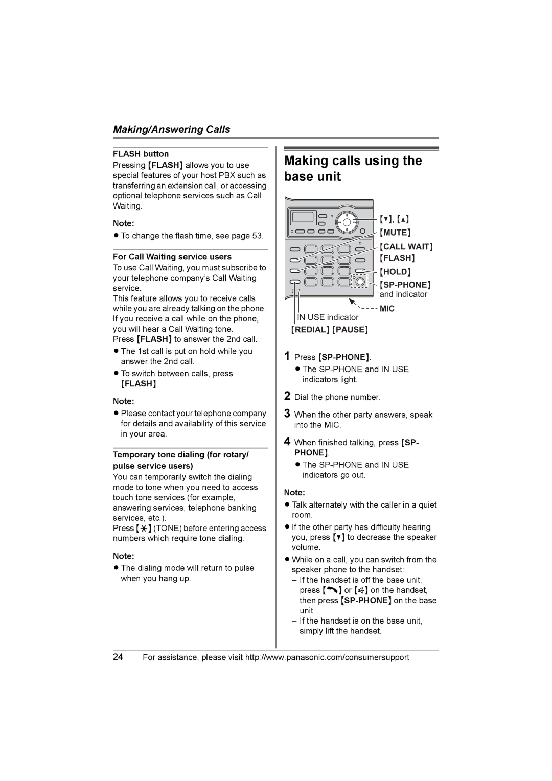 Panasonic KX-TG5583 Flash button, For Call Waiting service users, Temporary tone dialing for rotary/ pulse service users 