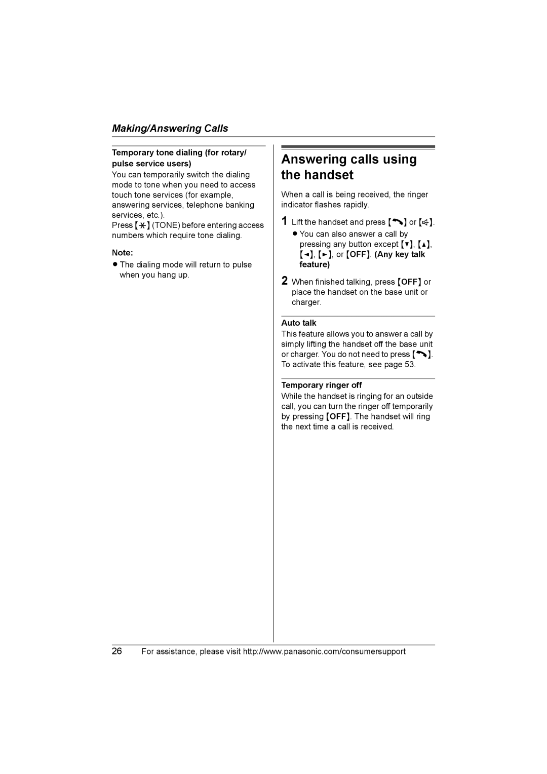 Panasonic KX-TG5583 operating instructions Answering calls using the handset, Auto talk, Temporary ringer off 