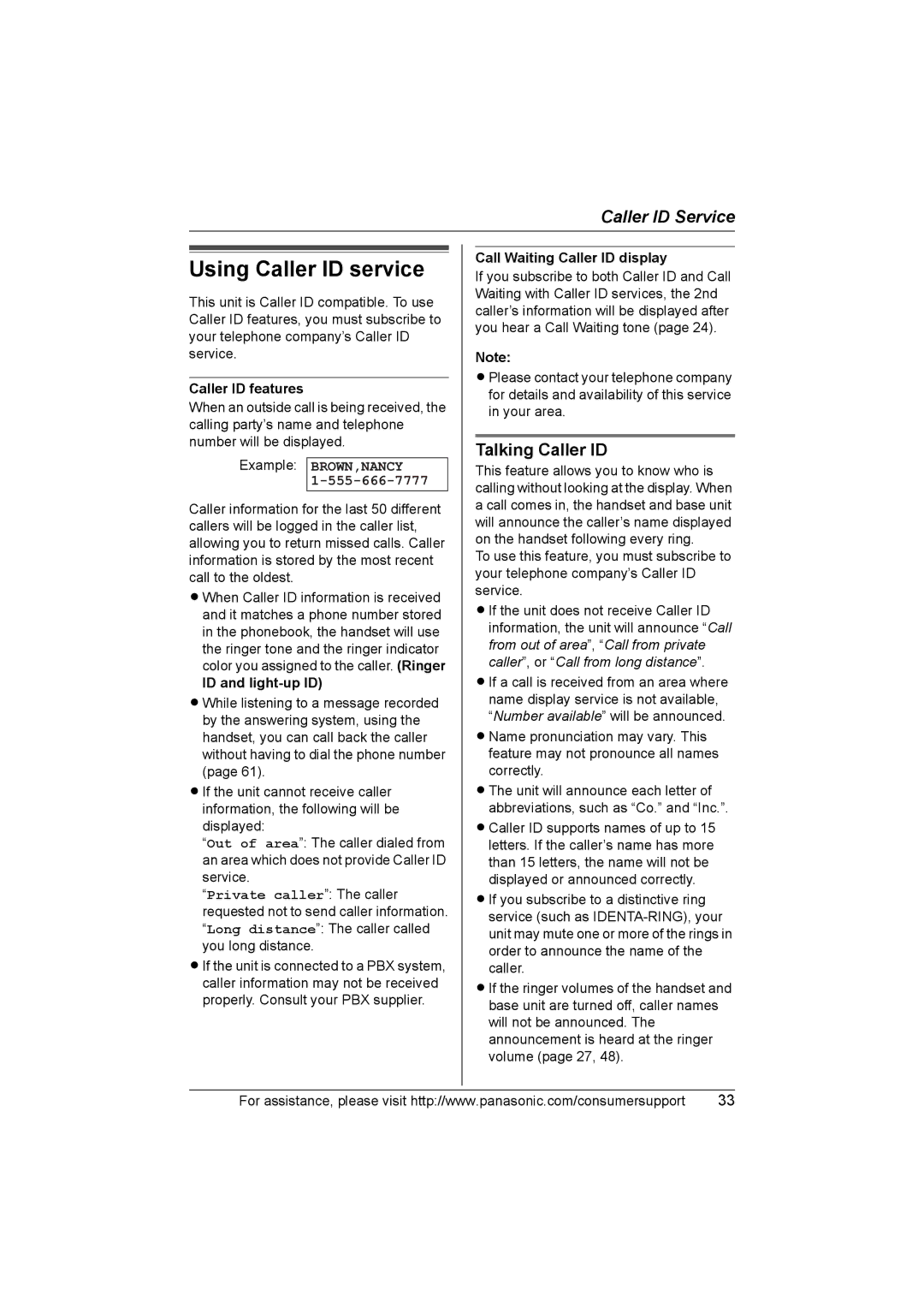 Panasonic KX-TG5583 operating instructions Using Caller ID service, Talking Caller ID, Example BROWN,NANCY 