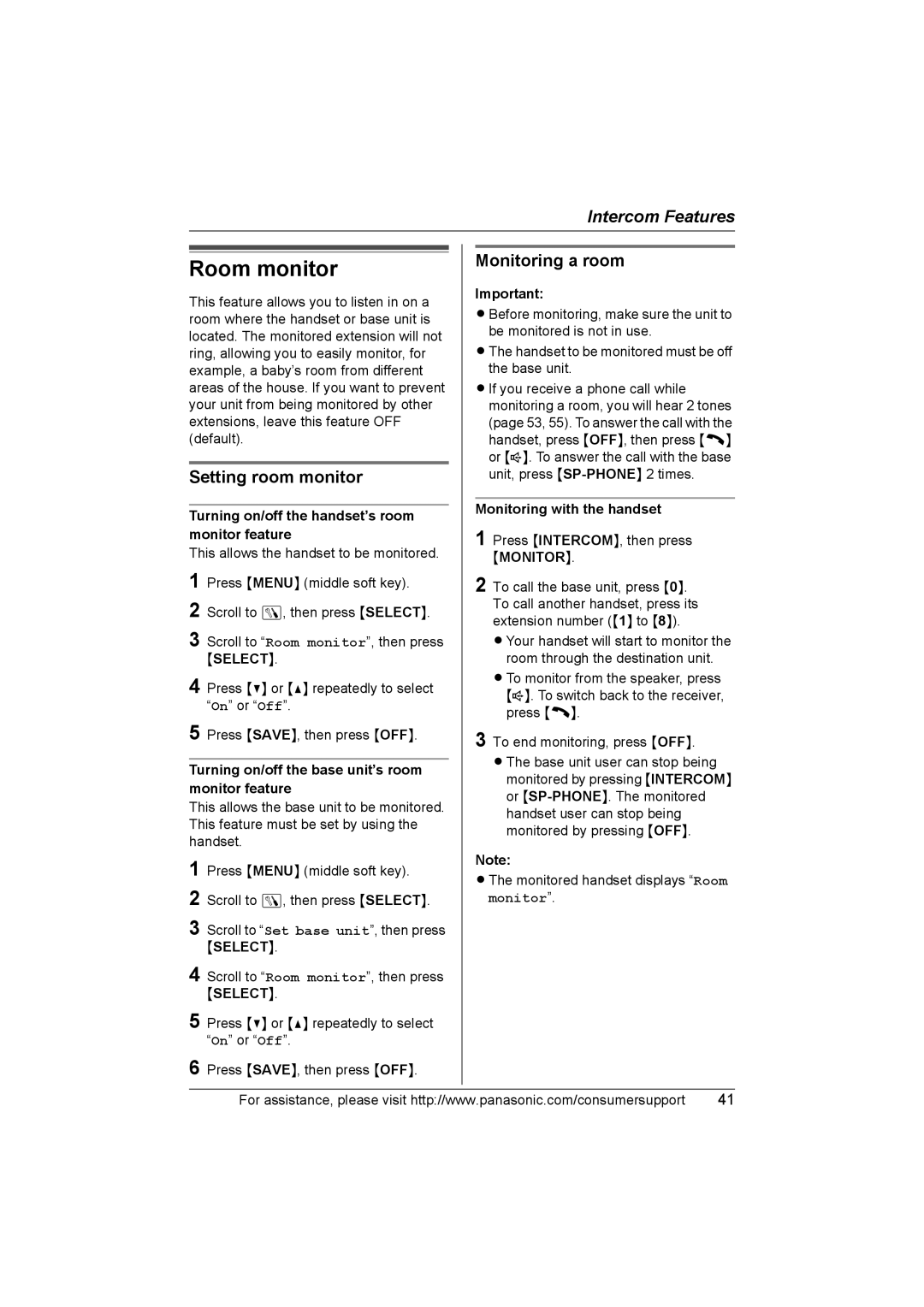 Panasonic KX-TG5583 operating instructions Room monitor, Monitoring a room, Setting room monitor 