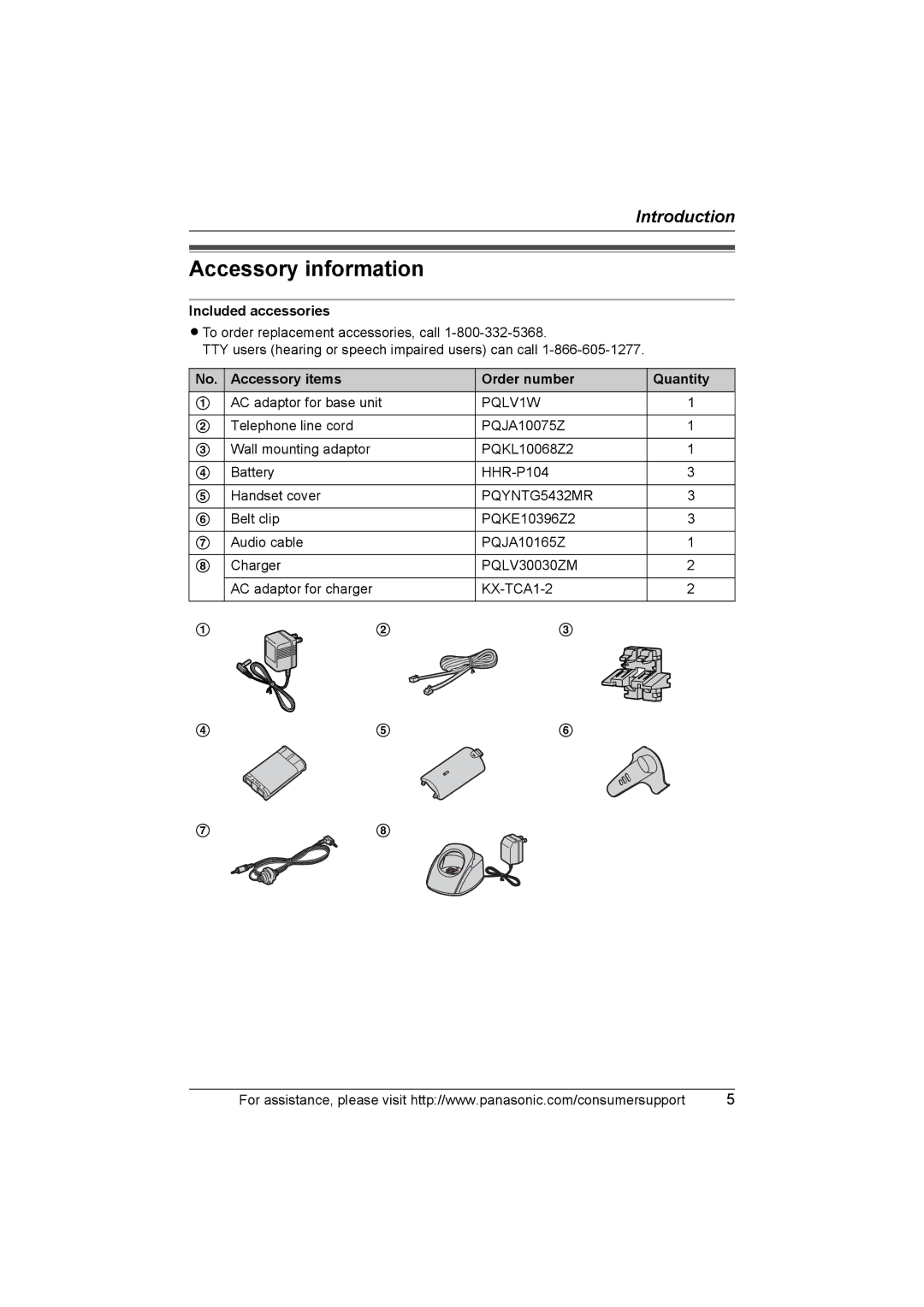 Panasonic KX-TG5583 Accessory information, Included accessories, Accessory items Order number Quantity, 456 