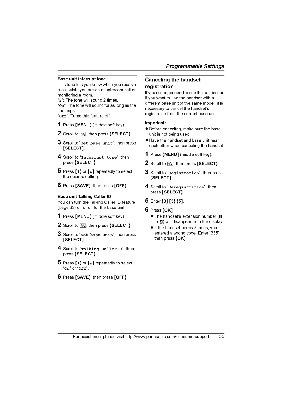 Panasonic KX-TG5583 Canceling the handset registration, Base unit interrupt tone, Base unit Talking Caller ID 