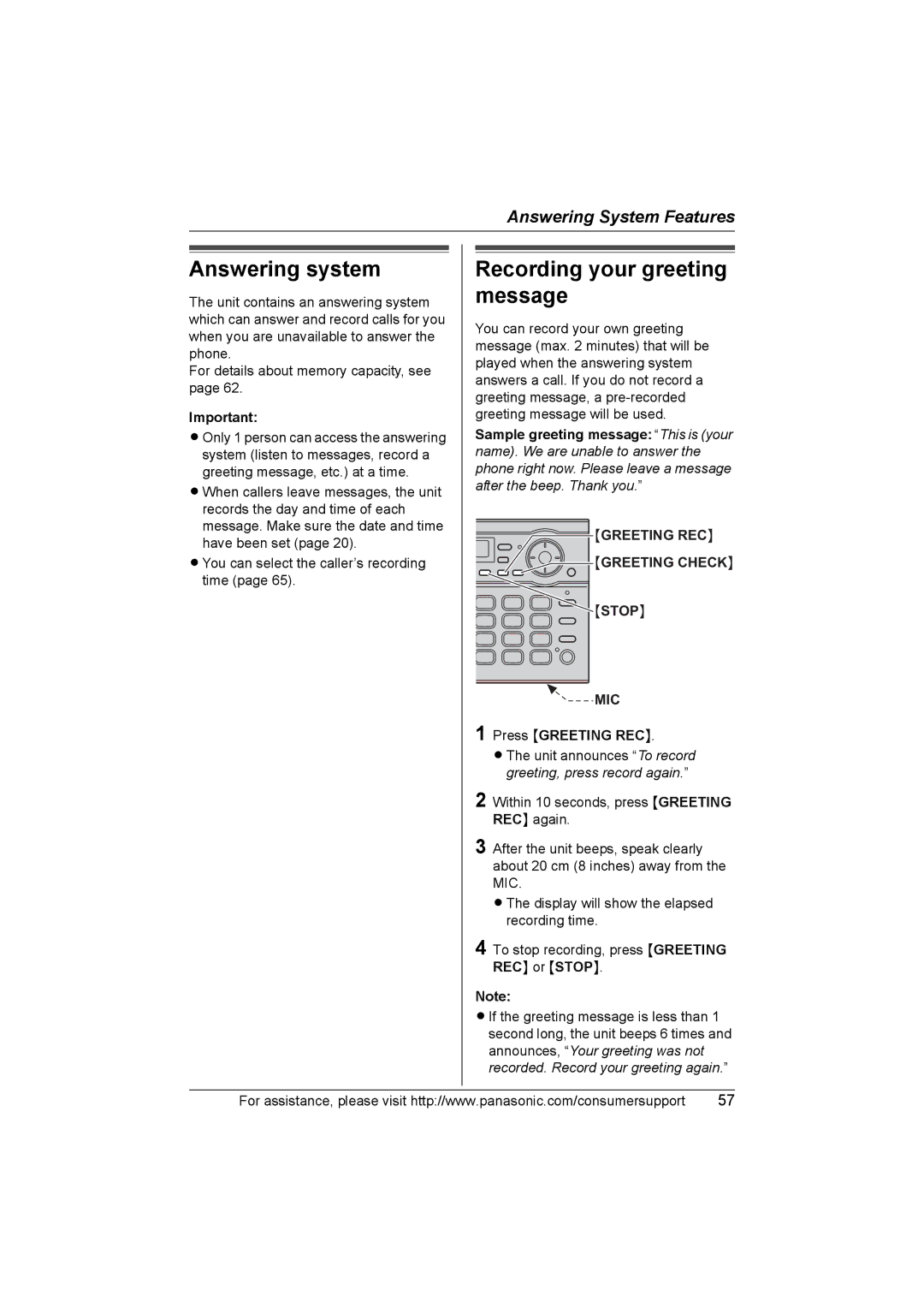 Panasonic KX-TG5583 operating instructions Answering system 