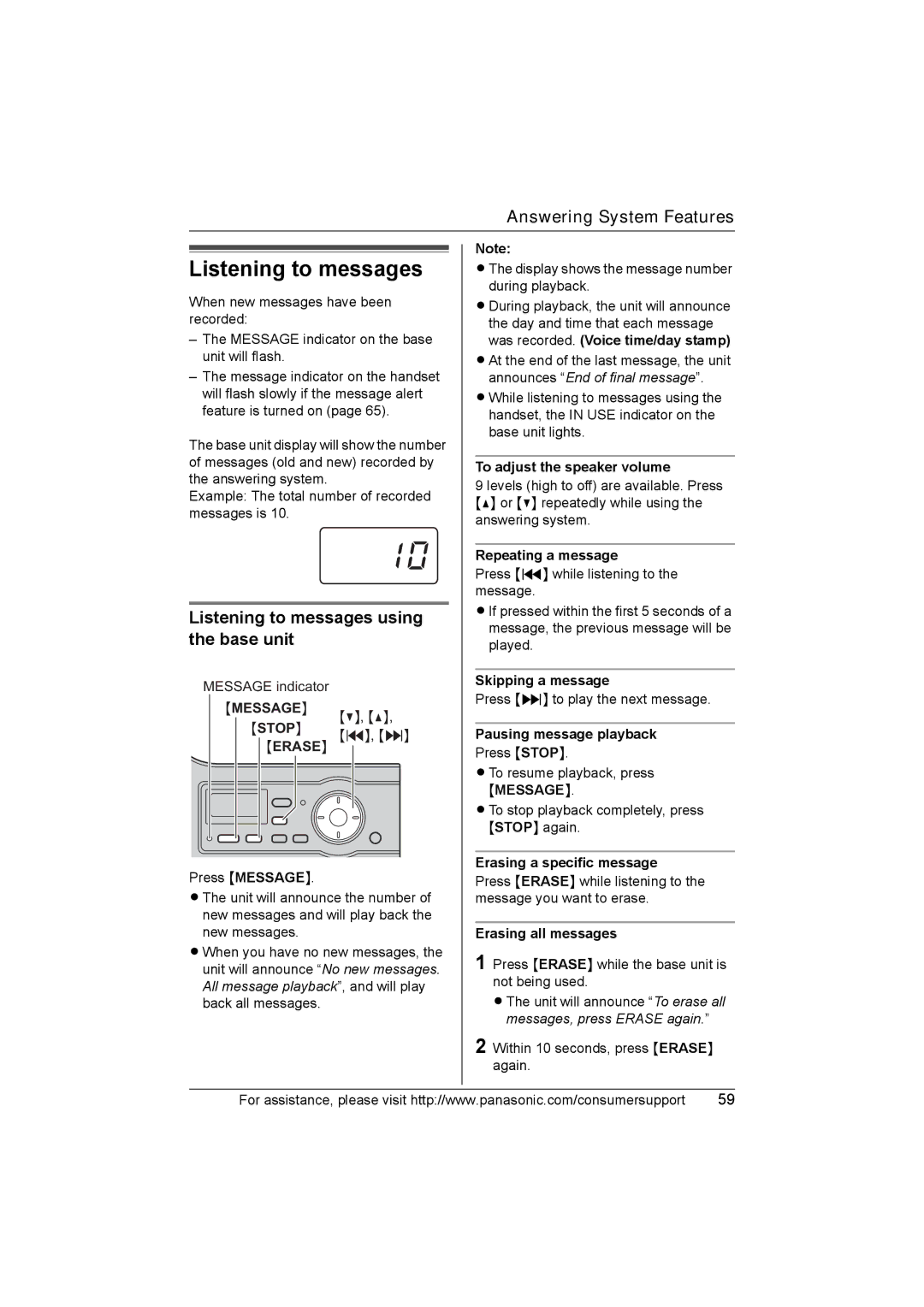 Panasonic KX-TG5583 operating instructions Listening to messages using the base unit 