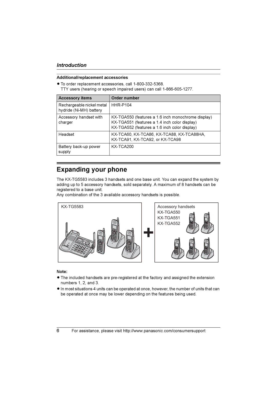 Panasonic KX-TG5583 Expanding your phone, Additional/replacement accessories, Accessory items Order number 