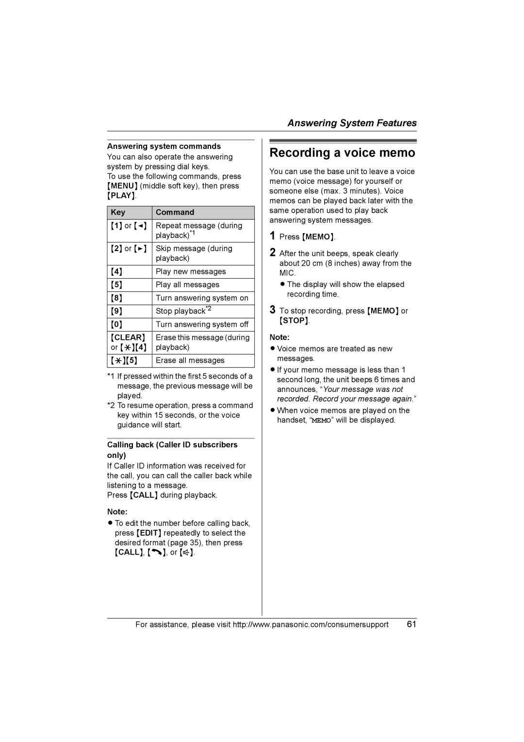 Panasonic KX-TG5583 operating instructions Recording a voice memo, Answering system commands, Key Command 