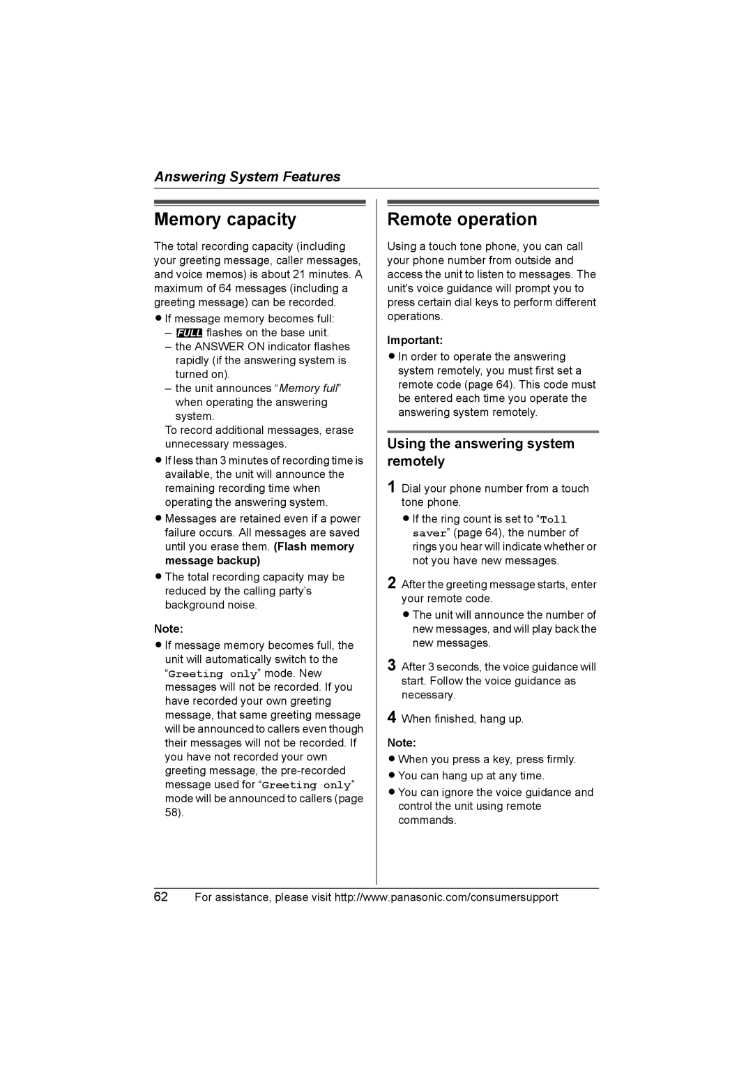 Panasonic KX-TG5583 operating instructions Memory capacity, Remote operation, Using the answering system remotely 