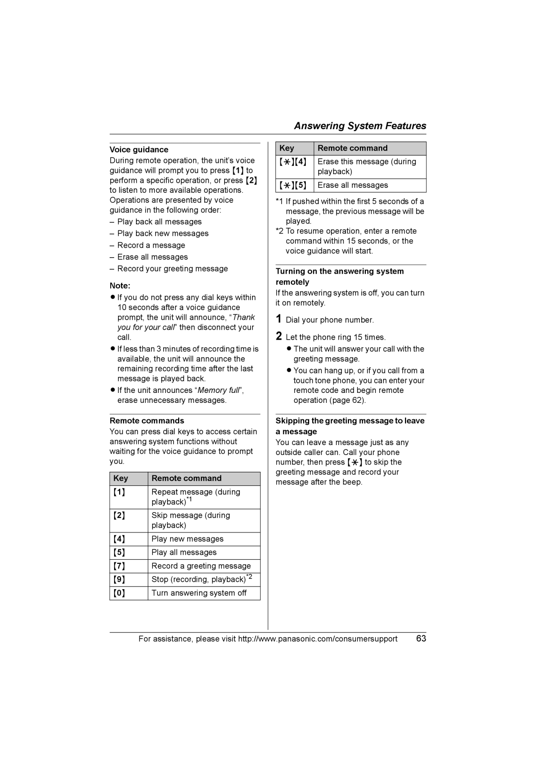 Panasonic KX-TG5583 operating instructions Remote commands, Key Remote command, Turning on the answering system remotely 