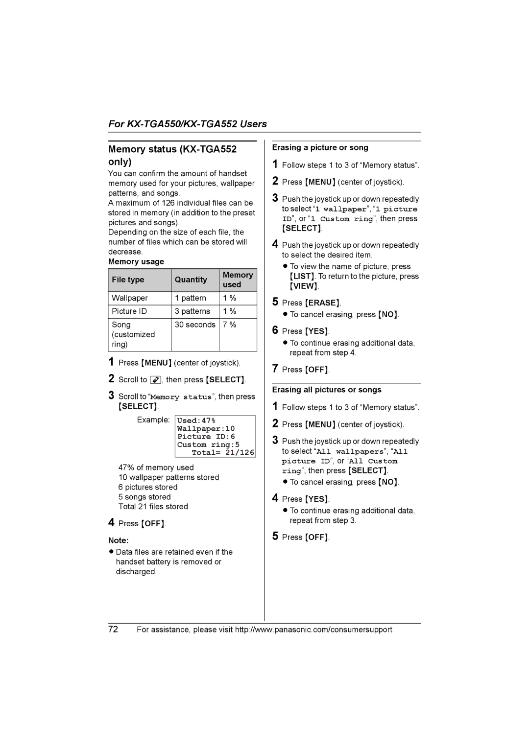 Panasonic KX-TG5583 Memory status KX-TGA552 only, Memory usage File type Quantity Used, Erasing a picture or song 