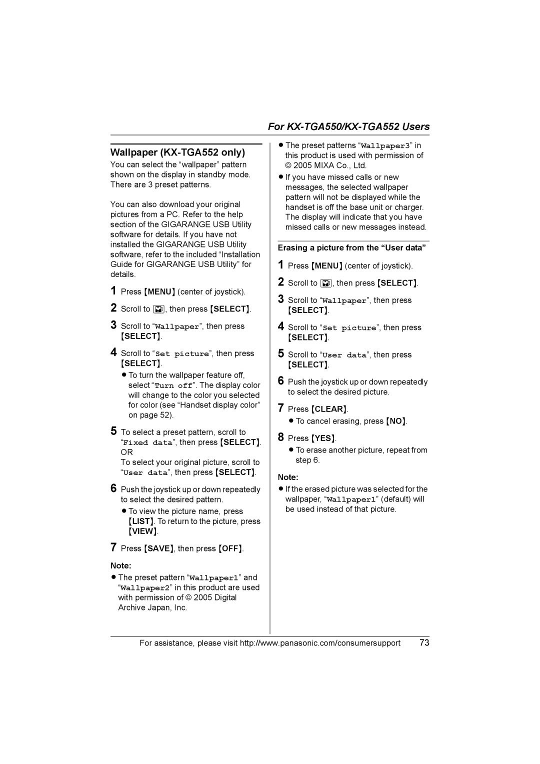 Panasonic KX-TG5583 operating instructions Wallpaper KX-TGA552 only, Erasing a picture from the User data 