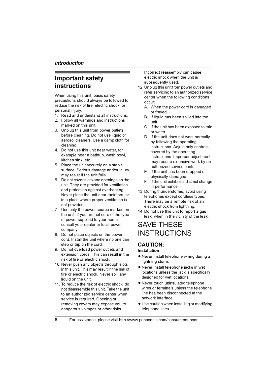 Panasonic KX-TG5583 operating instructions Important safety instructions, Installation 