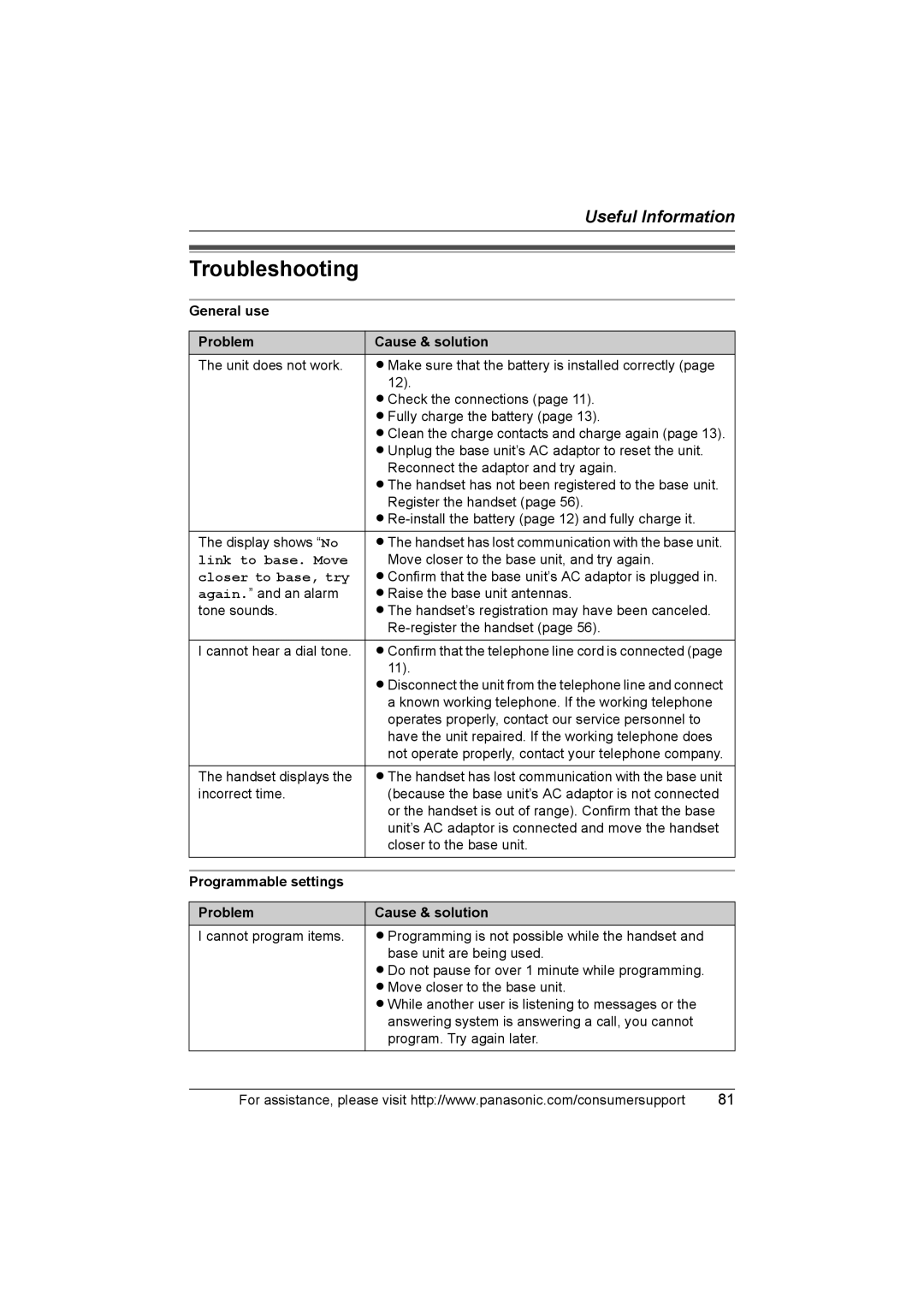 Panasonic KX-TG5583 operating instructions General use Problem Cause & solution, Link to base. Move, Closer to base, try 