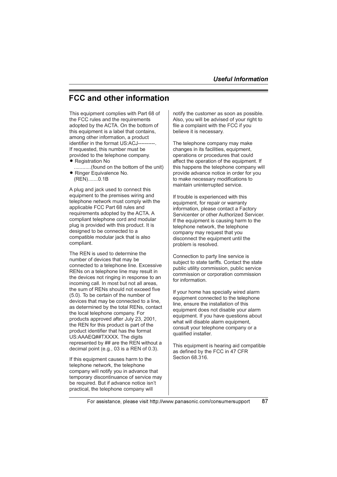 Panasonic KX-TG5583 operating instructions FCC and other information 