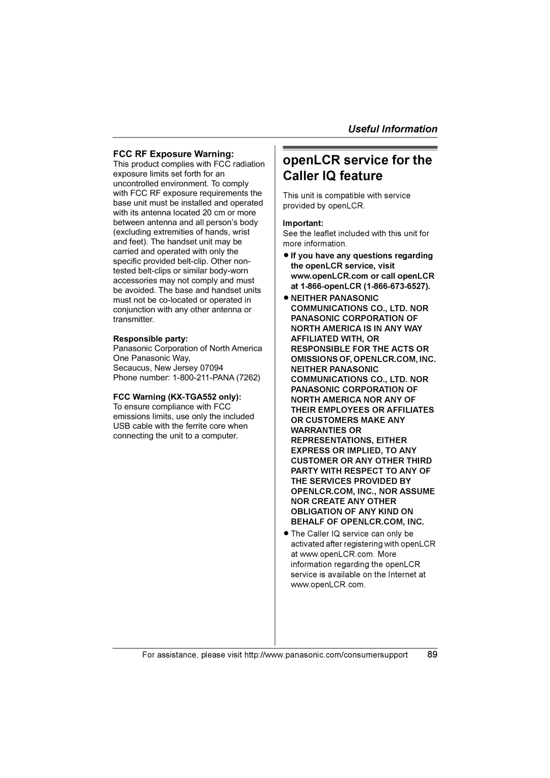 Panasonic KX-TG5583 OpenLCR service for the Caller IQ feature, Responsible party, FCC Warning KX-TGA552 only 