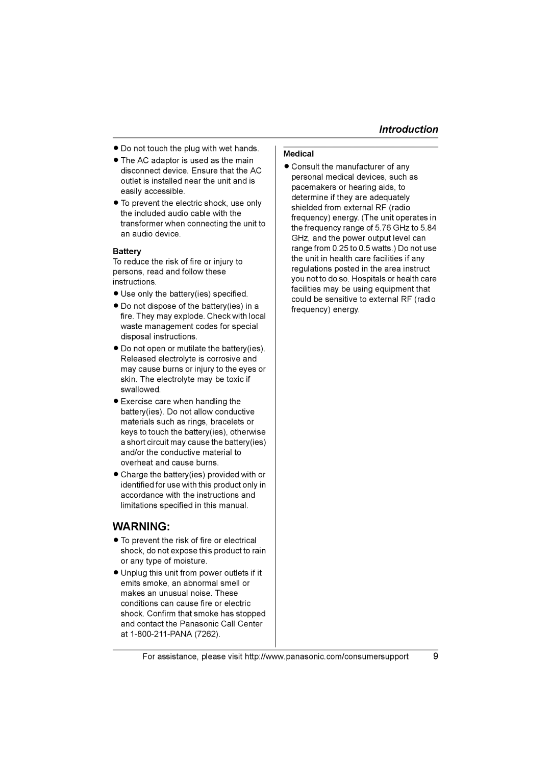 Panasonic KX-TG5583 operating instructions Battery, Medical 